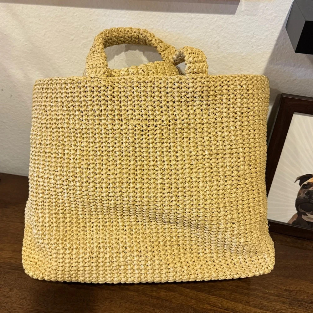 PRADA NWT Crochet Raffia Tote Bag Straw Logo Purse Natural - Picture 7 of 12